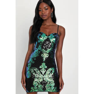 Lulus Shining Vision Iridescent Teal Sequin Bustier Bodycon Mini Dress Green